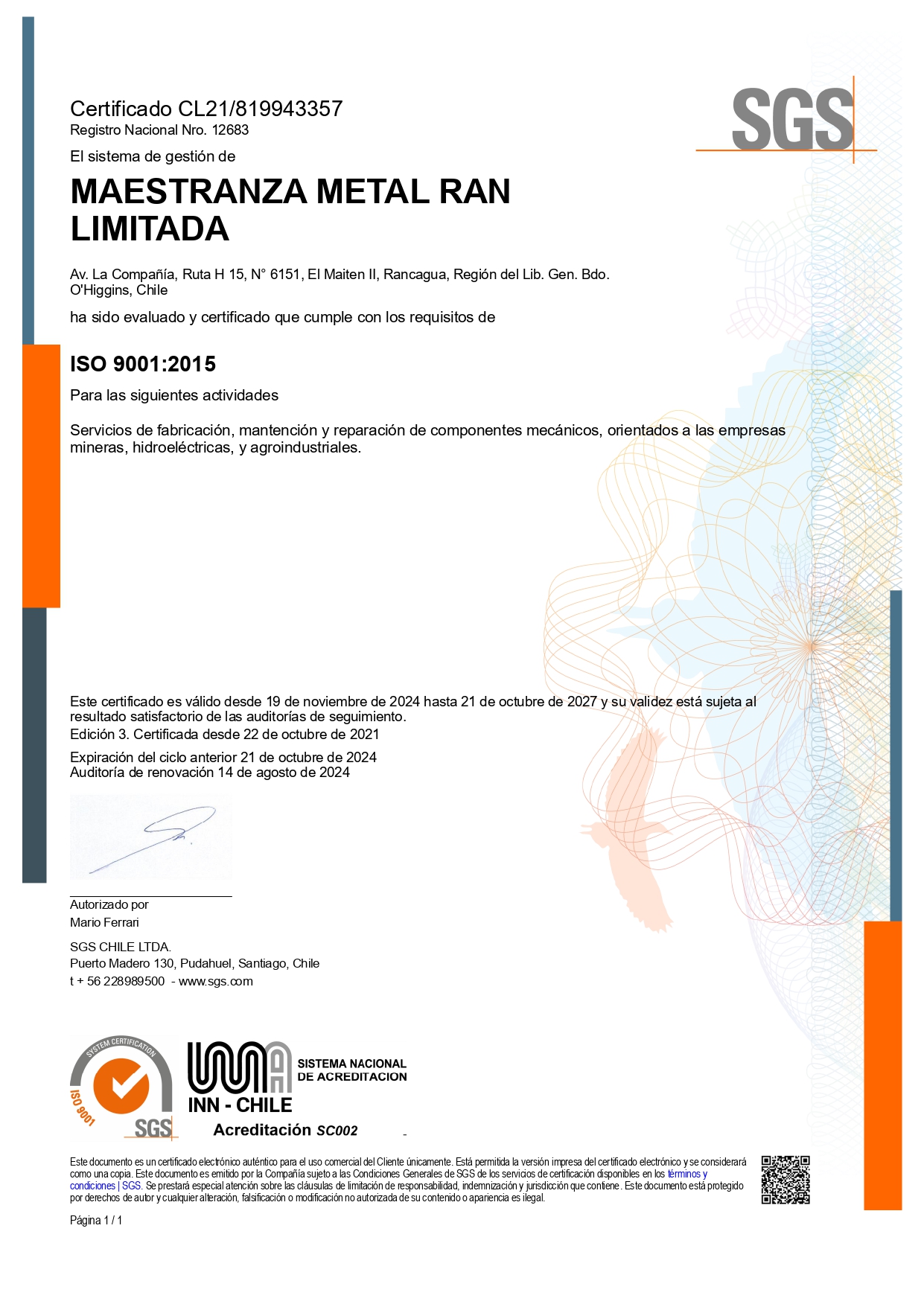 Certificado ISO 9001:2015 Metalran